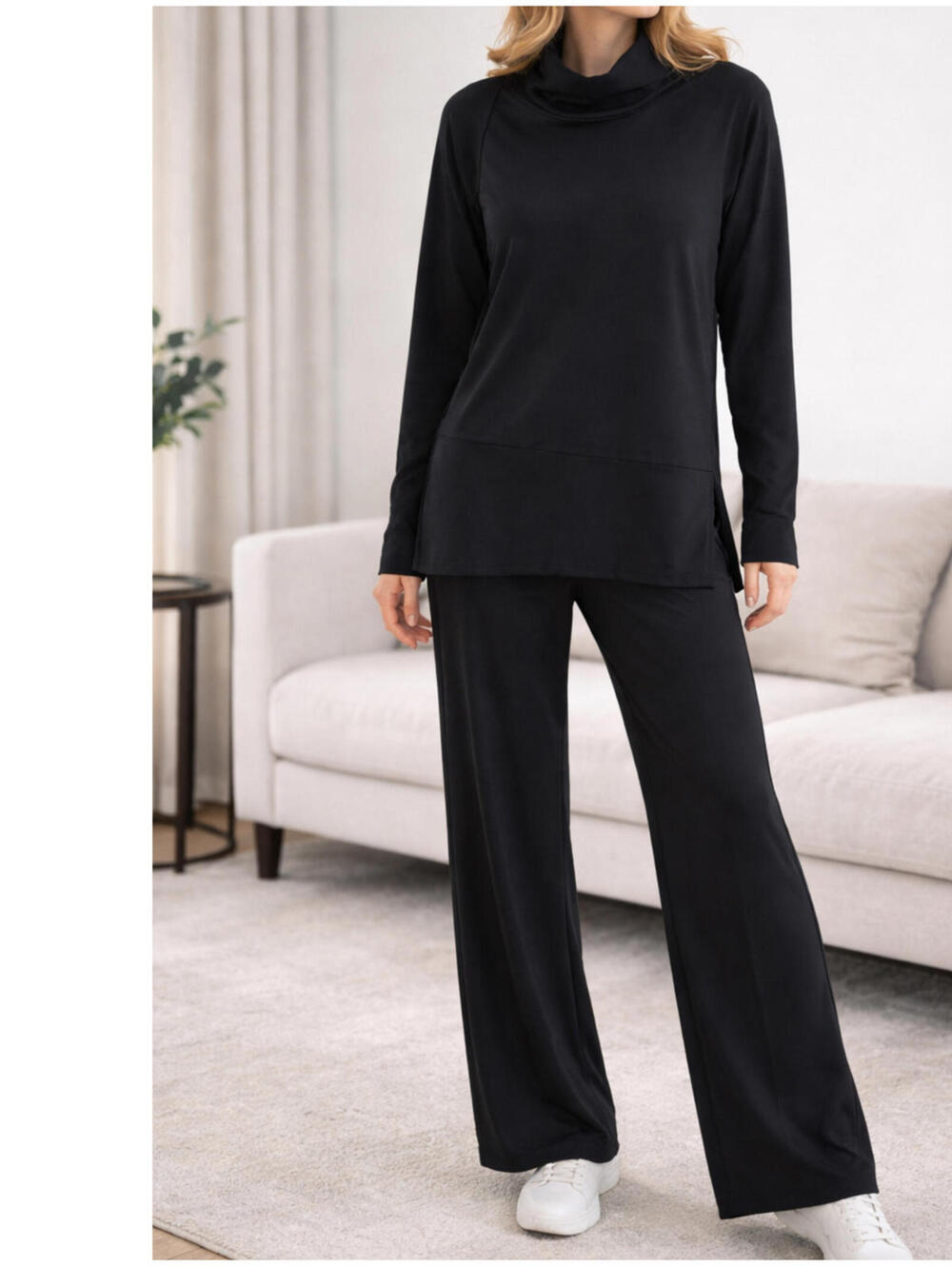 NWT NOLI Luxury Black Lounge 2pc Set Ultra Soft Travel Wide Leg Drawstring Pants